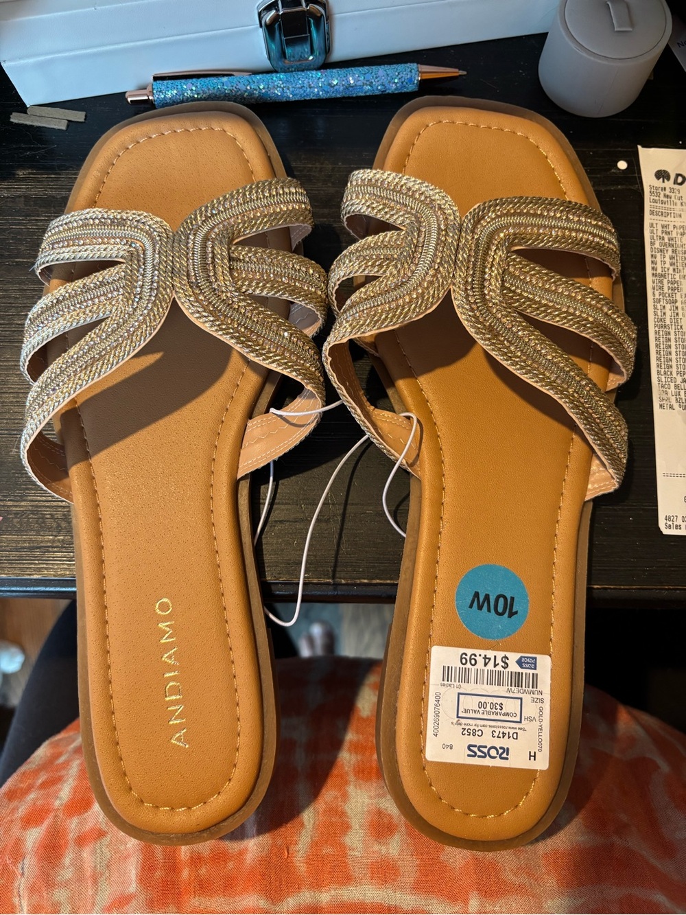 Women's Gold Braided Slide Sandals 10W